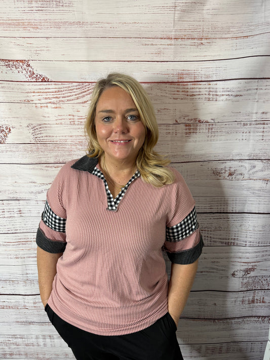 Heimish- Mauve Checkered Collar Top